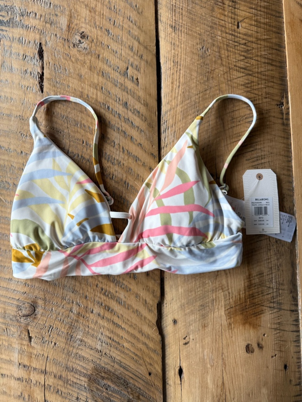 Billabong Pastel Leaf Print Bikini Top - White, Pink, Yellow, Blue, Tan - Picture 2 of 6
